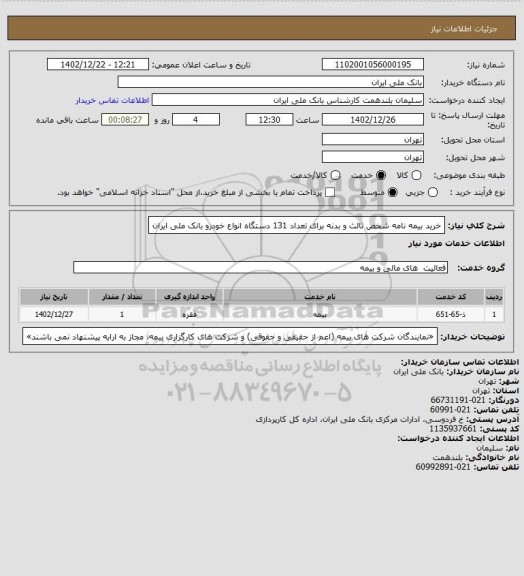 استعلام خرید بیمه نامه شخص ثالث و بدنه برای تعداد 131 دستگاه انواع خودرو بانک ملی ایران