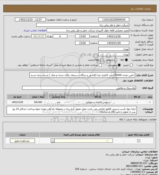 استعلام تامین تعداد 100000عدد کاتلری غذا (قاشق و چنگال دستمال خلال دندان و نمک ) بسته بندی شده