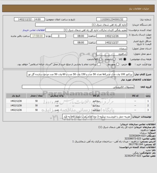 استعلام پرژکتور 100 وات مدل مثیled تعداد 50 عدد و 150 وات 50 عدد و 60 وات 50 عدد مرجع سازنده گل نور