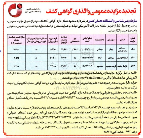 تجدید مزایده واگذاری گواهی کشف