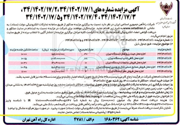 مزایده اجاره محل جهت رزرو هتل ایستگاه...