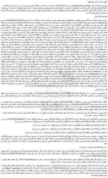 مزایده فروش ششدانگ یک قطعه واحد تجاری نوع ملک طلق با کاربری تجاری به پلاک ثبتی 70603 فرعی از 3526 اصلی ، مفروز و مجزا شده از2200 فرعی از اصلی