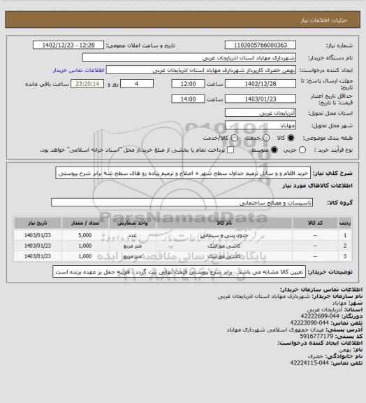 استعلام خرید اقلام و و سایل ترمیم جداول سطح شهر + اصلاح و ترمیم پیاده رو های سطح شه برابر شرح پیوستی