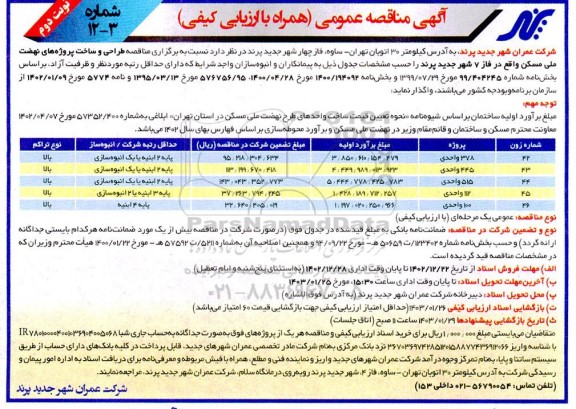 مناقصه طراحی و ساخت پروژه های نهضت ملی مسکن ...- نوبت دوم 