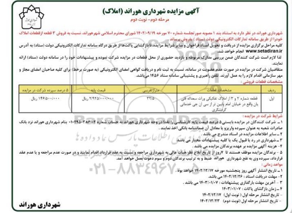 مزایده فروش 3 قطعه از قطعات املاک تفکیکی به متراژ 32.5 مرحله دوم نوبت دوم