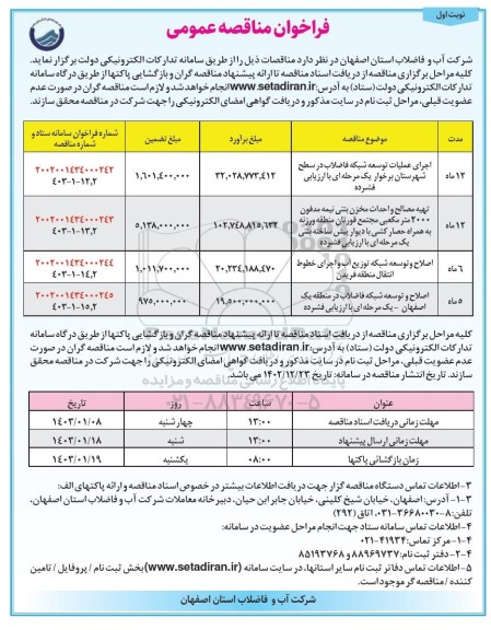 فراخوان مناقصه اجرای عملیات توسعه شبکه فاضلاب در سطح  ...