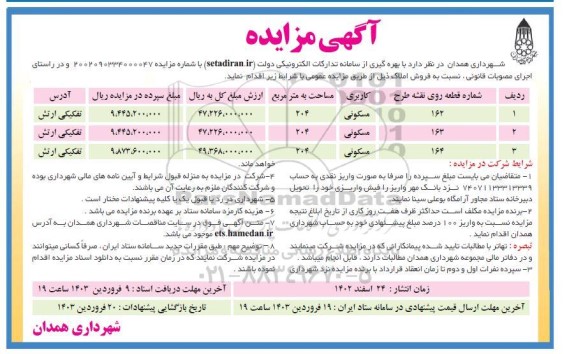 مزایده فروش املاک با کاربری مسکونی مساحت 204 مترمربع