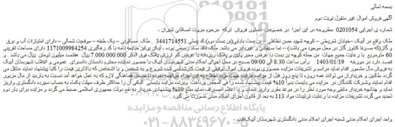 مزایده فروش ملک مسکونی – یک طبقه – موقعیت شمالی