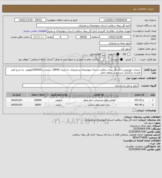 استعلام  خدمات خودرویی اداره کل بیمه سلامت استان چهارمحال و بختیاری، به میزان 18000 ساعت و 250000کیلومتر ‏ به شرح فرم قرارداد بارگذاری شده و استعلام حاضر