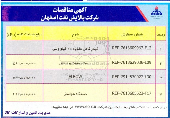 مناقصه فیدر کامل تغذیه 20 کیلوولتی ...
