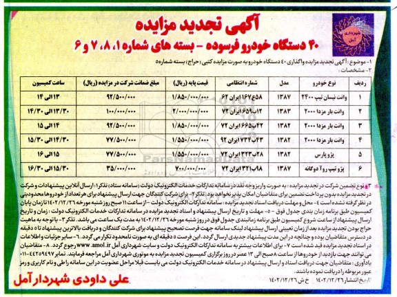  تجدید مزایده واگذاری 40 دستگاه خودرو