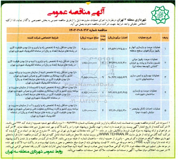 مناقصه عملیات مرمت و بازسازی انهار و رفیوژ بزرگراه های سطح منطقه...