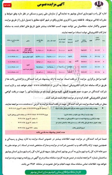 مزایده واگذاری 5 قطعه زمین با کاربری تجاری نوبت دوم 