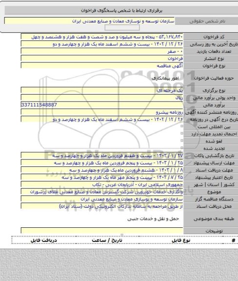 مناقصه, واگذاری خدمات خودرویی شرکت گسترش معادن و صنایع معدنی طلای زرشوران