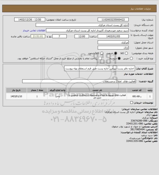 استعلام اجاره دفتر پست زیرزمین اداره پست طبق فرم استعلام بهاء پیوست