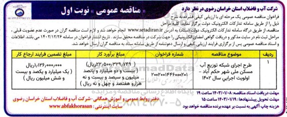 مناقصه طرح اجرای شبکه توزیع آب مسکن ملی شهر 