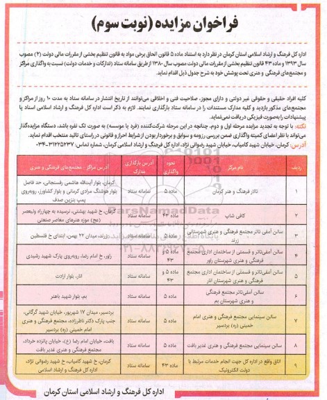 مزایده واگذاری مراکز و مجتمع های فرهنگی و هنری - نوبت سوم