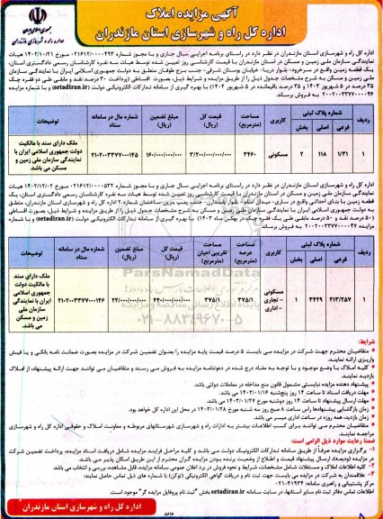 مزایده فروش یک قطعه زمین 