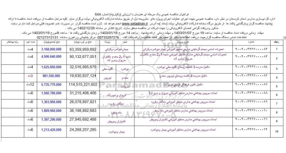 مناقصه عمومی تعمیرات اساسی سیستم گرمایشی مدارس مناطق آموزشی....