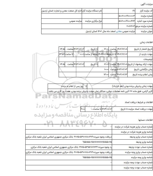 مزایده ، مزایده عمومی معادن اسفند ماه سال 1402 استان اردبیل