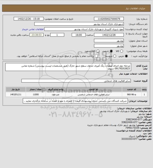 استعلام مرحله دوم اجرای عملیات رنگ آمیزی جداول سطح شهر خارگ (طبق مشخصات لیست پیوستی) 
شماره تماس 09178202823 شیری