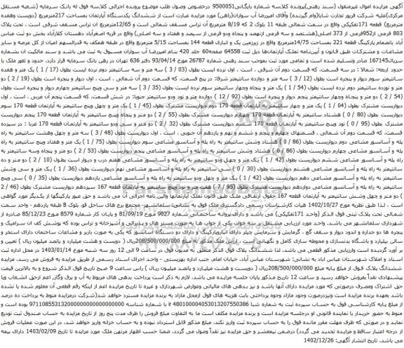 مزایده یکدستگاه آپارتمان بمساحت 217مترمربع