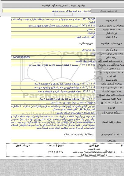 مناقصه, ارزیابی کیفی همزمان (روش فشرده)آماده سازی و گذرکشی سایت ۶۰ هکتاری شهر برازجان فاز ۱ طرح نهضت ملی مسکن