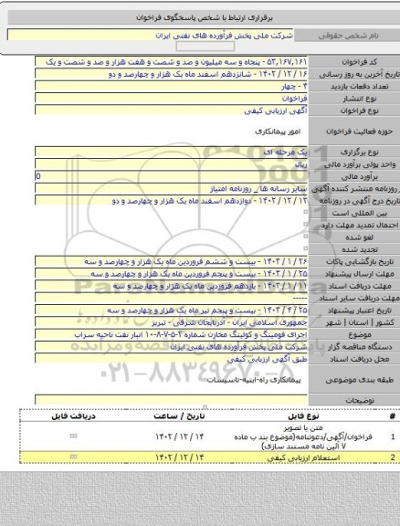 مناقصه, اجرای فومینگ و کولینگ مخازن شماره ۲-۵-۷-۸-۱۰ انبار نفت ناحیه سراب