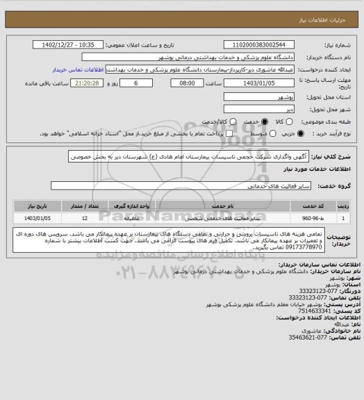 استعلام آگهی واگذاری شرکت حجمی تاسیسات بیمارستان امام هادی (ع) شهرستان دیر به بخش خصوصی