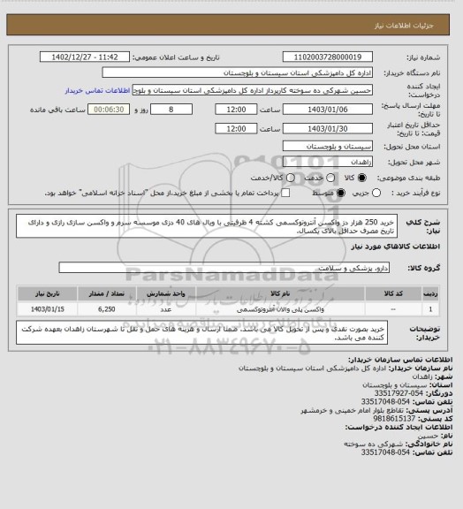 استعلام خرید 250 هزار دز واکسن آنتروتوکسمی کشته 4 ظرفیتی با ویال های 40 دزی موسسه سرم و واکسن سازی رازی و دارای تاریخ مصرف حداقل بالای یکسال.