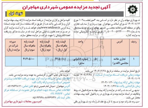 مزایده بهره برداری از سه باب تجاری تجدید