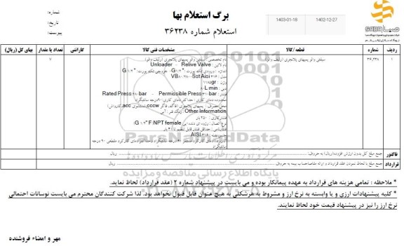 استعلام سیفتی والو پمپهای پلانجری (رلیف والو)