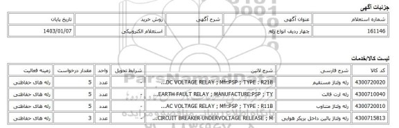 استعلام الکترونیکی، چهار ردیف انواع رله