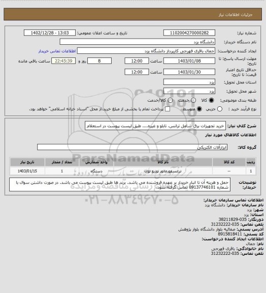 استعلام خرید تجهیزات برق شامل ترانس، تابلو و غیره.... طبق لیست پیوست در استعلام