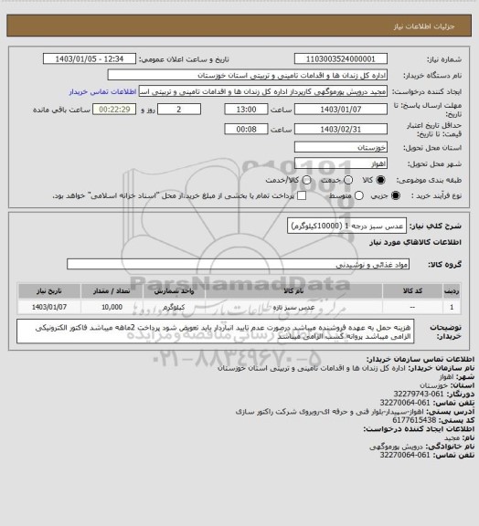 استعلام عدس سبز درجه 1 (10000کیلوگرم)