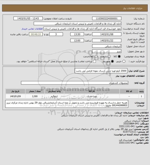 استعلام 2500 کیلو لوبیا چیتی ارسال نمونه الزامی می باشد