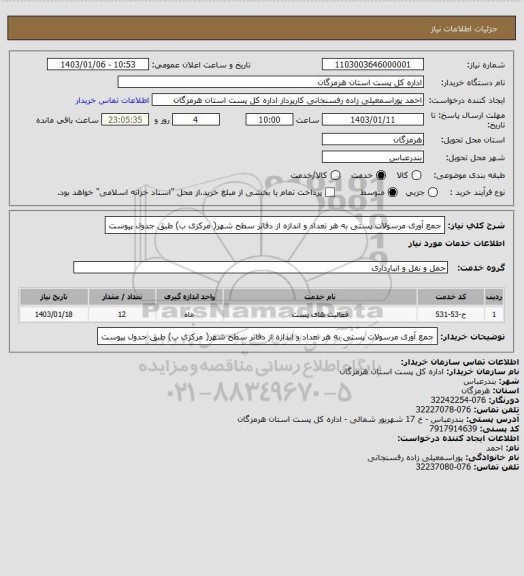 استعلام جمع آوری مرسولات پستی به هر تعداد و اندازه از دفاتر سطح شهر( مرکزی ب) طبق جدول پیوست