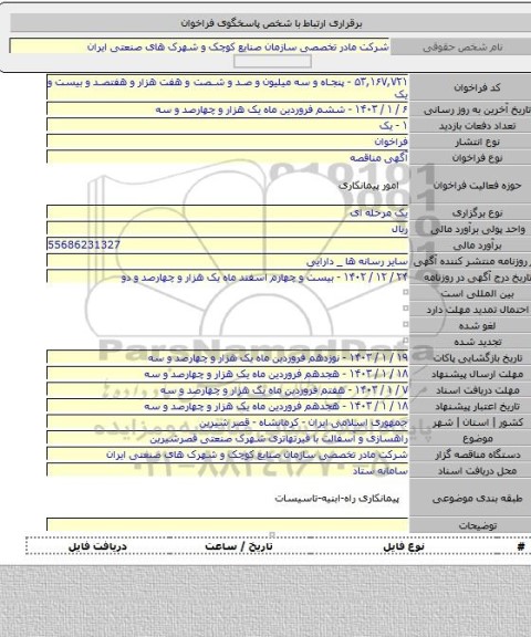مناقصه, راهسازی و آسفالت با قیرتهاتری شهرک صنعتی قصرشیرین