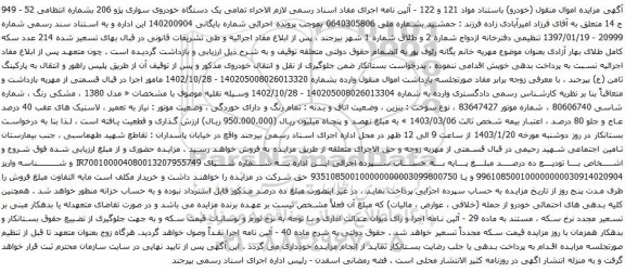 مزایده یک دستگاه خودروی سواری پژو 206 