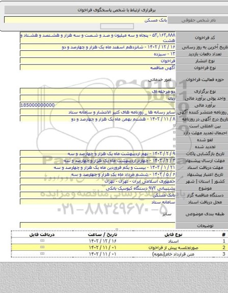 مناقصه, پشتیبانی ۹۷۲ دستگاه کیوسک بانکی