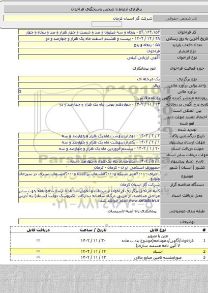 مناقصه, اجرای ۴۰۰۰۰متر شبکه و۲۰۰۰انشعاب پراکنده و۲۰۰۰انشعاب سری در سیرجان وتوابع