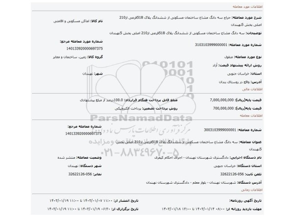 سه دانگ مشاع ساختمان مسکونی از ششدانگ پلاک 518فرعی از210 اصلی بخش 5نهبندان