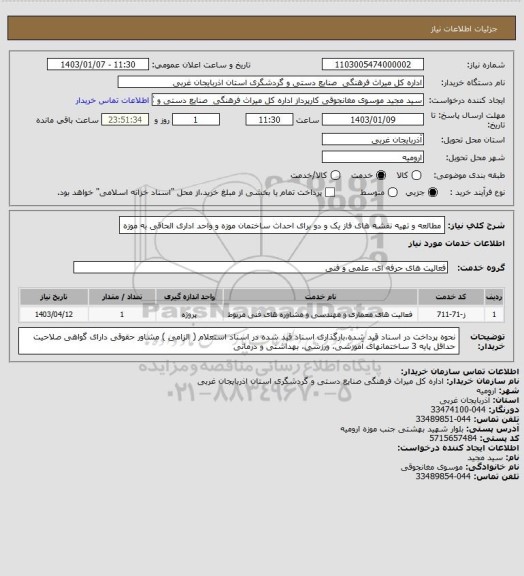 استعلام مطالعه و تهیه نقشه های فاز یک و دو برای احداث ساختمان موزه و واحد اداری الحاقی به موزه