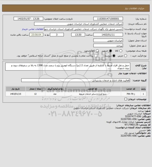 استعلام حمل و نقل افراد مرتبط با کارفرما از طریق تعداد 2 (دو) دستگاه اتومبیل پژو یا سمند مدل 1398 به بالا در سفرهای درون و برون شهری