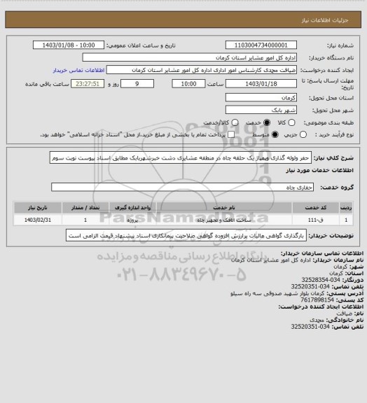 استعلام حفر ولوله گذاری وپمپاژ یک حلقه چاه در منطقه عشایری دشت خبرشهربابک مطابق اسناد پیوست نوبت سوم