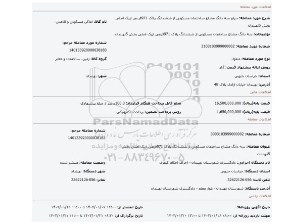 سه دانگ مشاع ساختمان مسکونی از ششدانگ پلاک 971فرعی ازیک اصلی بخش 5نهبندان