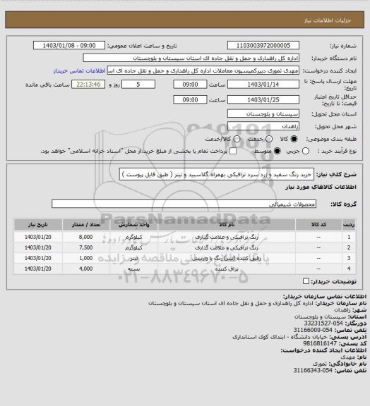 استعلام خرید رنگ سفید و زرد سرد ترافیکی بهمراه گلاسبید و تینر ( طبق فایل پیوست )