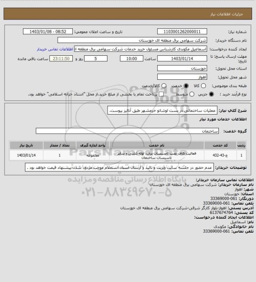 استعلام عملیات ساختمانی در پست لوشاتو خرمشهر طبق آنالیز پیوست.