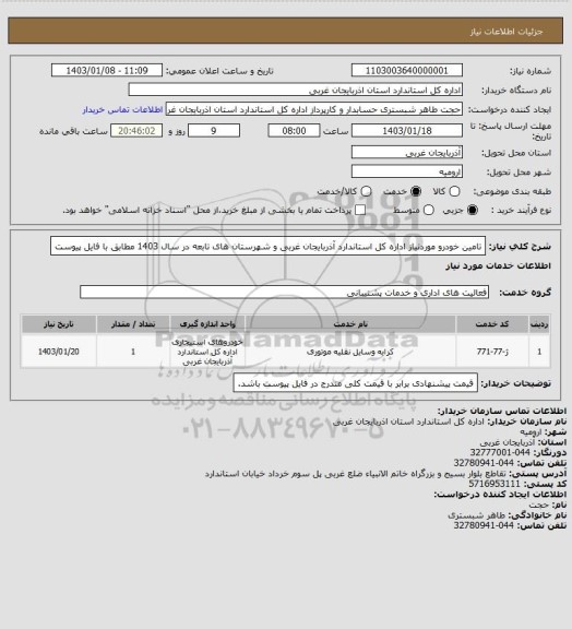 استعلام تامین خودرو موردنیاز اداره کل استاندارد آذربایجان غربی و شهرستان های تابعه در سال 1403 مطابق با فایل پیوست