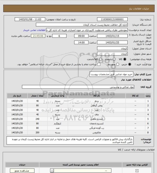 استعلام خرید مواد غذایی طبق مشخصات پیوست